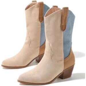 Lipijixi Women Apricot Cowboy Stacked Heel Embroider Wide Calf Cowgirl Boots